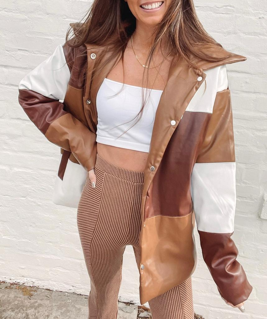 Color Block Brown Puffer Jacket